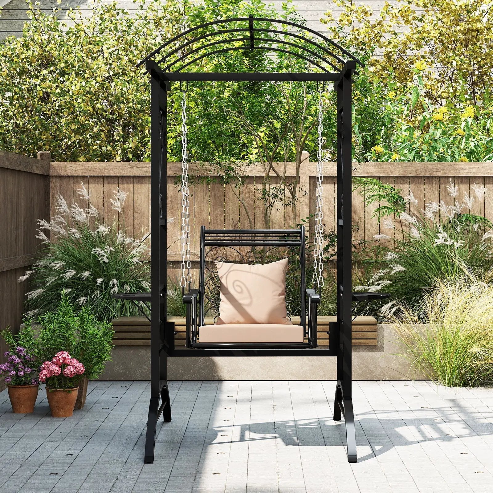 Outdoor Porch Swing with Stand and 2 Trellises for Adults-Black by DirectDeals