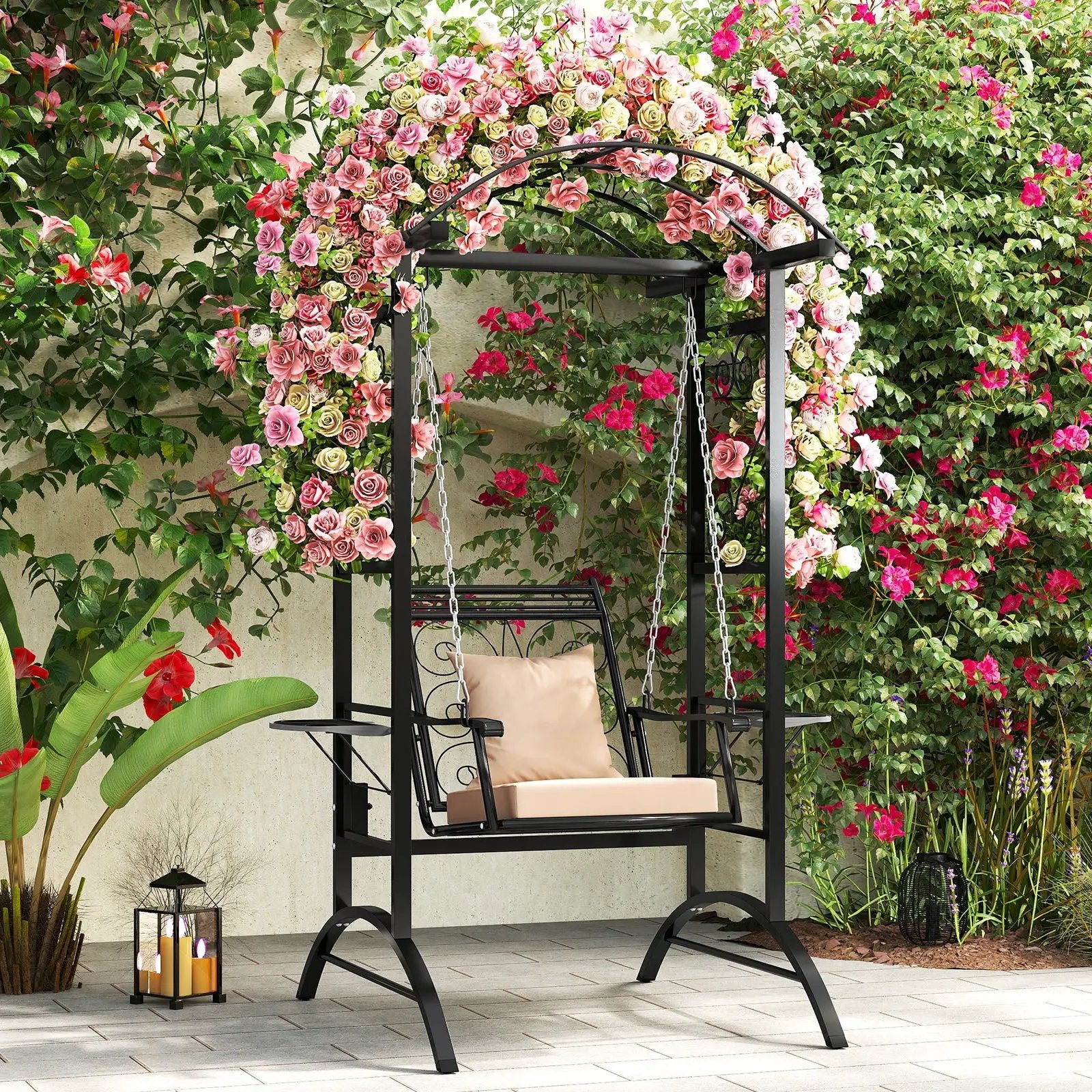 Outdoor Porch Swing with Stand and 2 Trellises for Adults-Black by DirectDeals