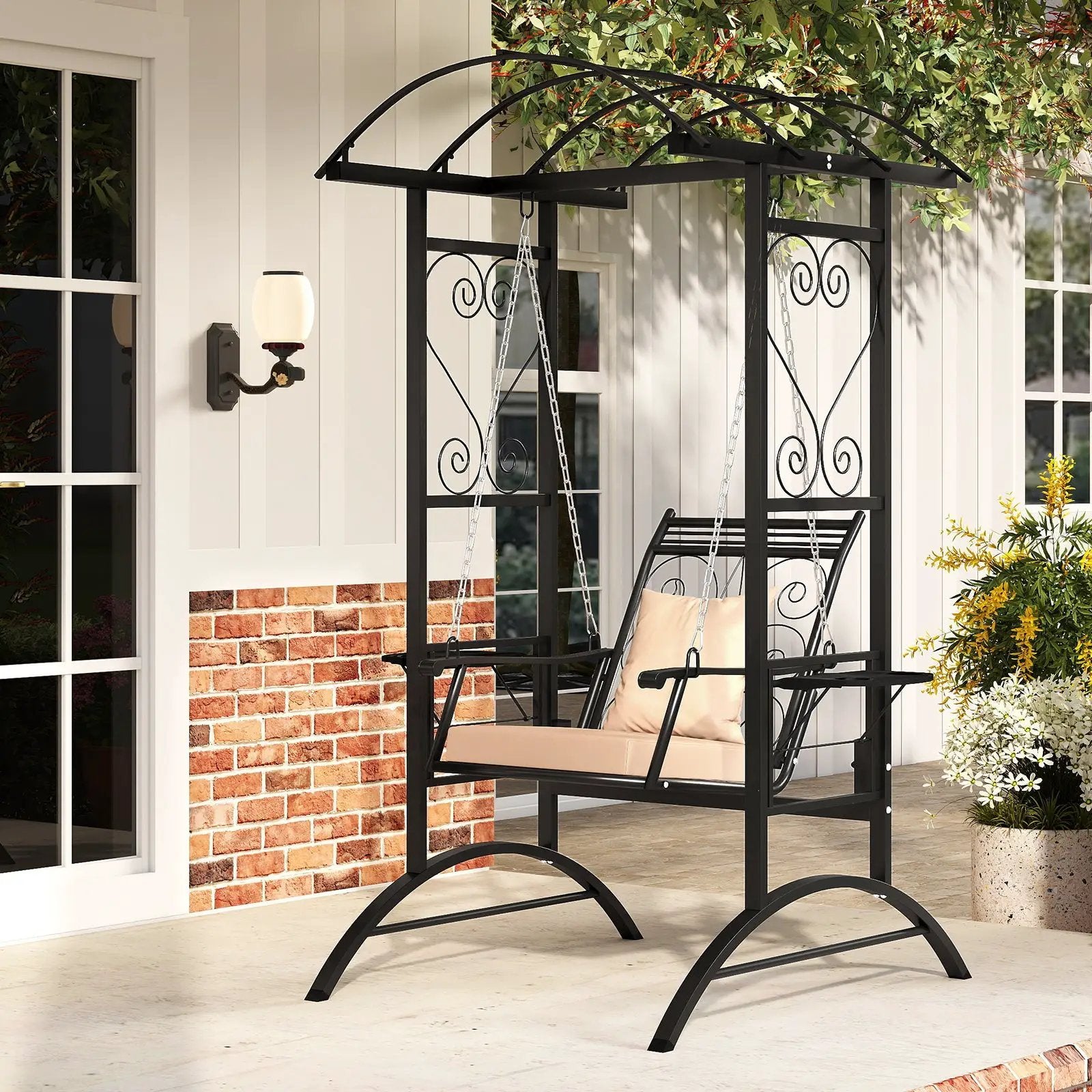 Outdoor Porch Swing with Stand and 2 Trellises for Adults-Black by DirectDeals