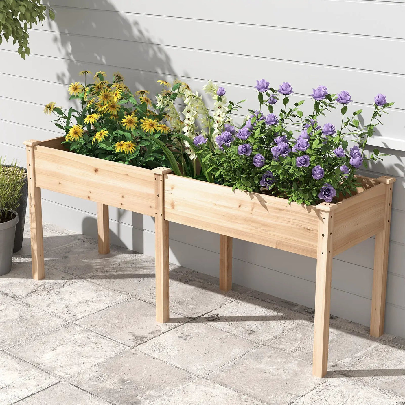 Fir Wood Outdoor Raised Garden Bed with Divider Panel and Drainage Holes by DirectDeals