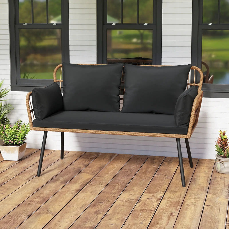 Outdoor Rattan 2-Seat Chair with Seat Back Cushions and Heavy-Duty Metal Legs by DirectDeals