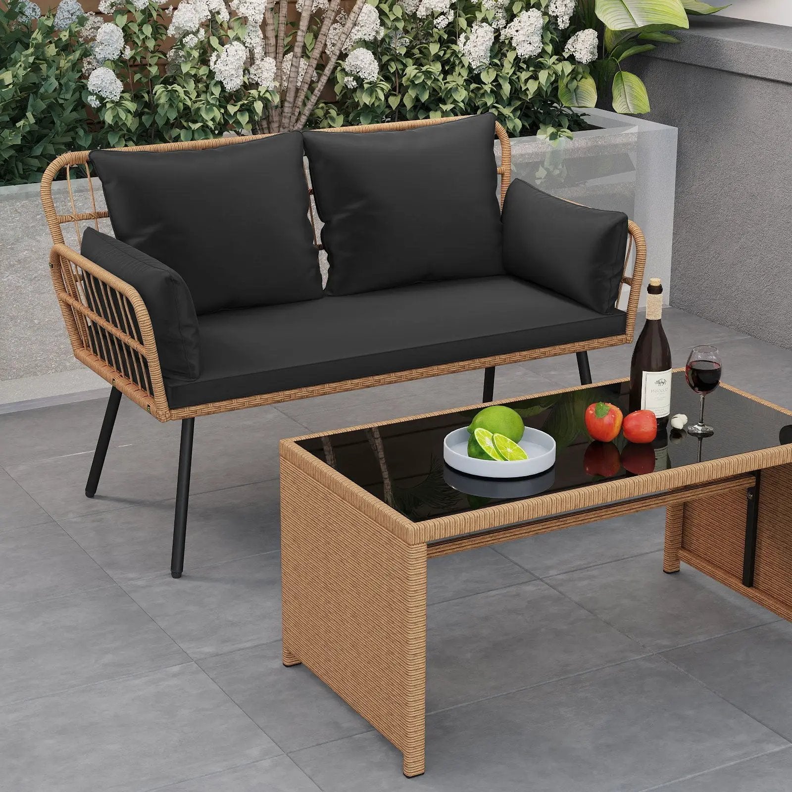 Outdoor Rattan 2-Seat Chair with Seat Back Cushions and Heavy-Duty Metal Legs by DirectDeals