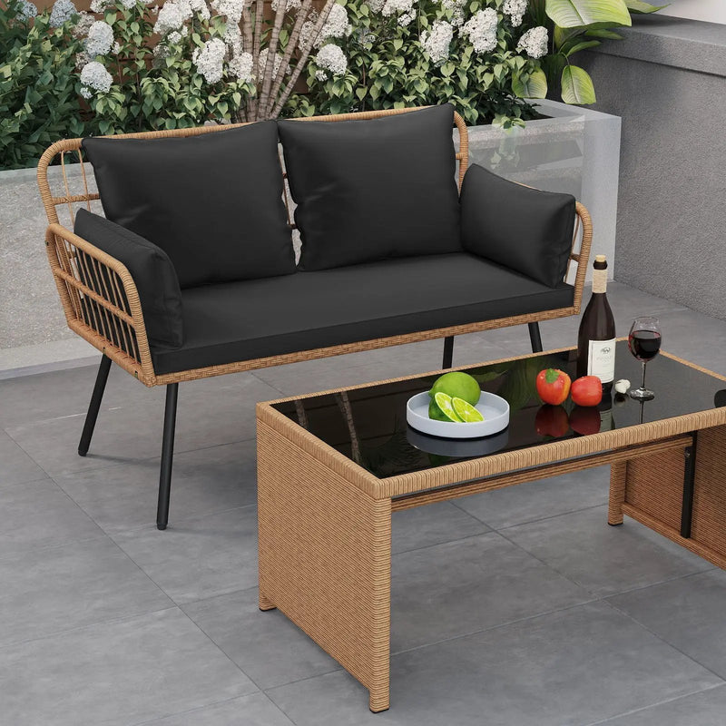Outdoor Rattan 2-Seat Chair with Seat Back Cushions and Heavy-Duty Metal Legs by DirectDeals