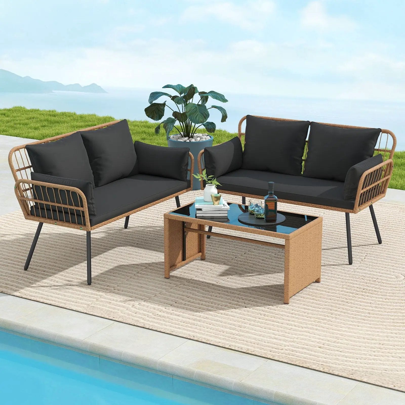 Outdoor Rattan 2-Seat Chair with Seat Back Cushions and Heavy-Duty Metal Legs by DirectDeals
