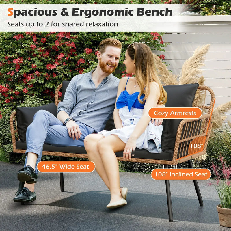 Outdoor Rattan 2-Seat Chair with Seat Back Cushions and Heavy-Duty Metal Legs by DirectDeals