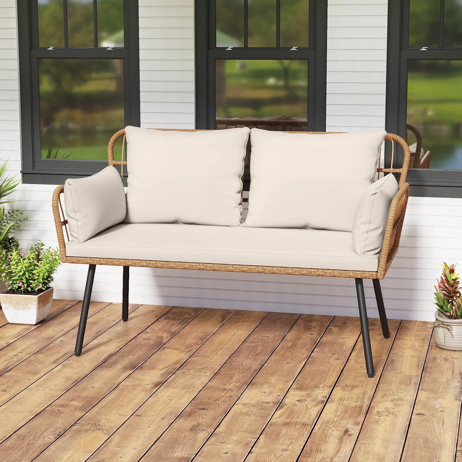 Outdoor Rattan 2-Seat Chair with Seat Back Cushions and Heavy-Duty Metal Legs by DirectDeals