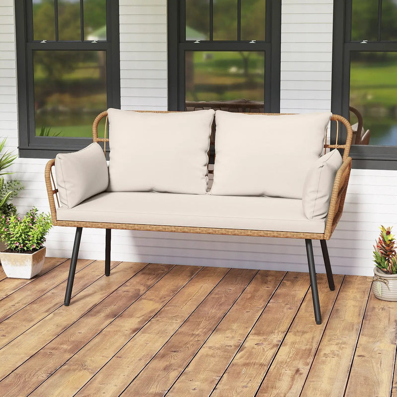Outdoor Rattan 2-Seat Chair with Seat Back Cushions and Heavy-Duty Metal Legs by DirectDeals