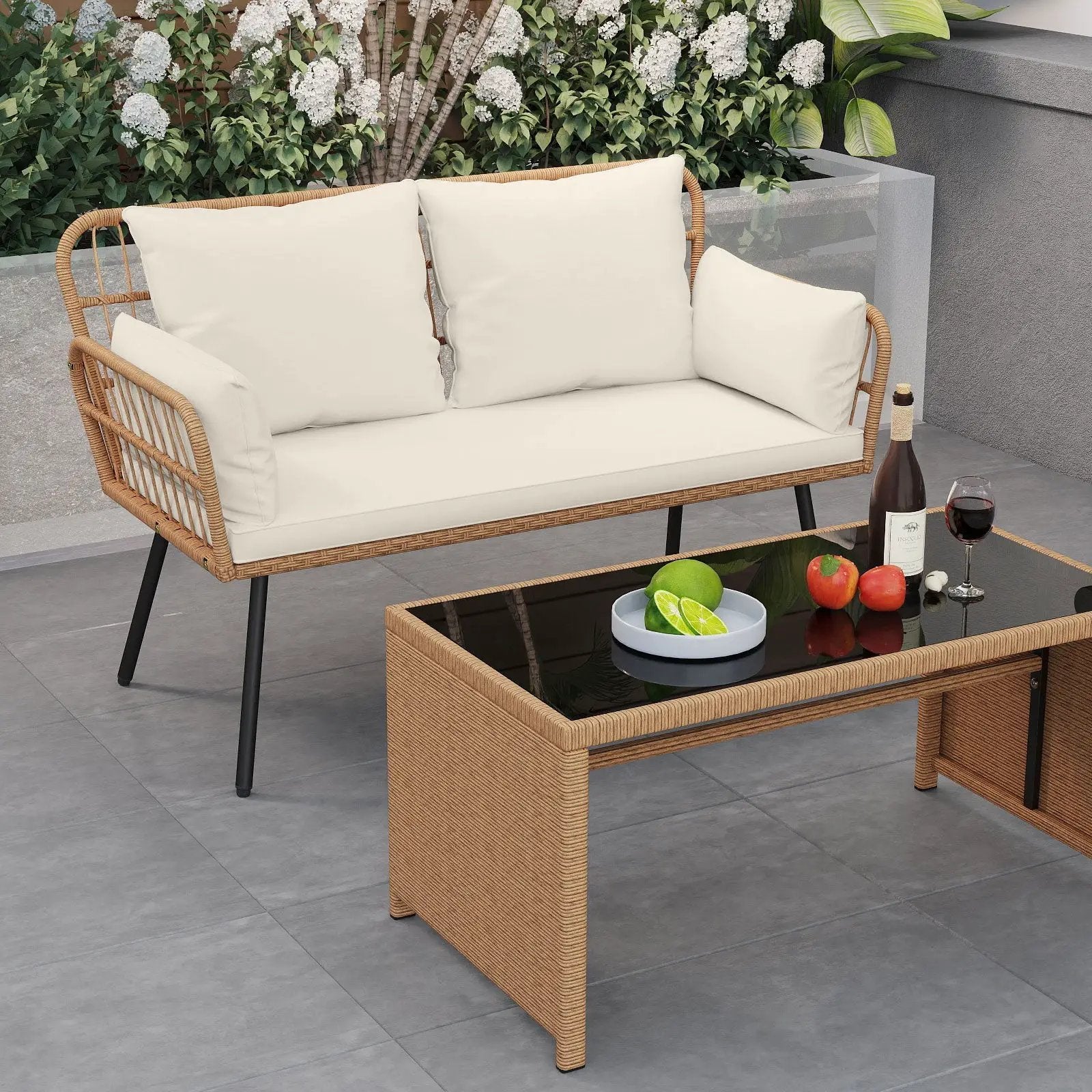 Outdoor Rattan 2-Seat Chair with Seat Back Cushions and Heavy-Duty Metal Legs by DirectDeals