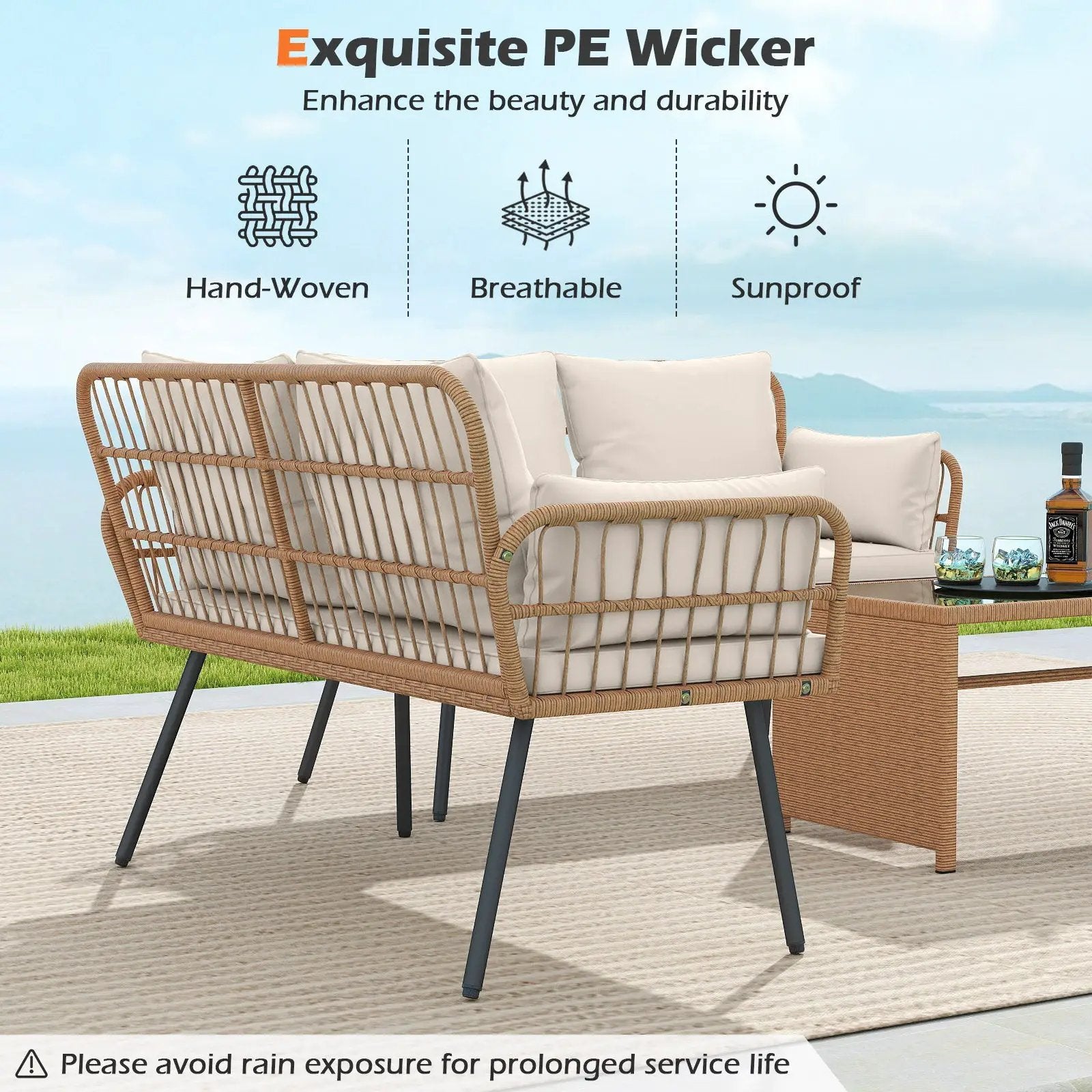 Outdoor Rattan 2-Seat Chair with Seat Back Cushions and Heavy-Duty Metal Legs by DirectDeals