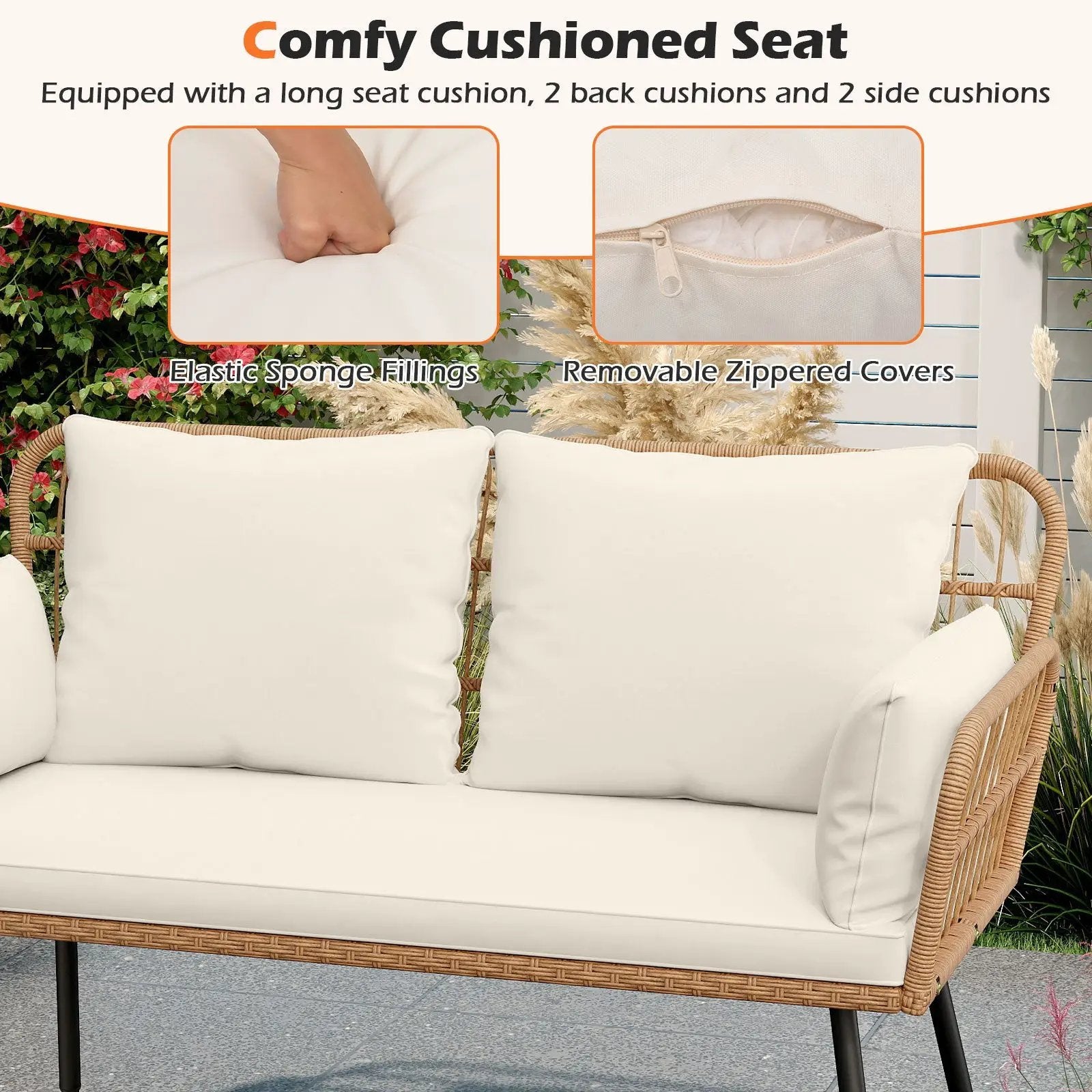 Outdoor Rattan 2-Seat Chair with Seat Back Cushions and Heavy-Duty Metal Legs by DirectDeals