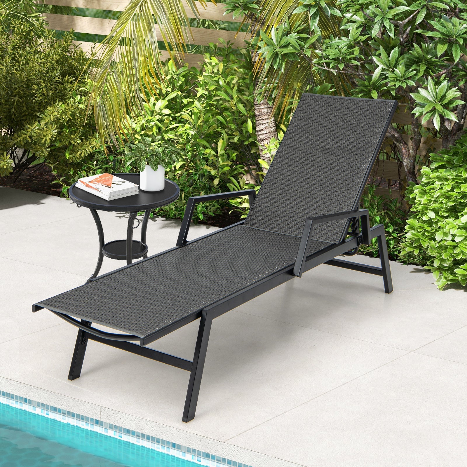 Outdoor Rattan Chaise Lounge Reclining Chair with Armrests and 5-Position Backrest-Brown by DirectDeals