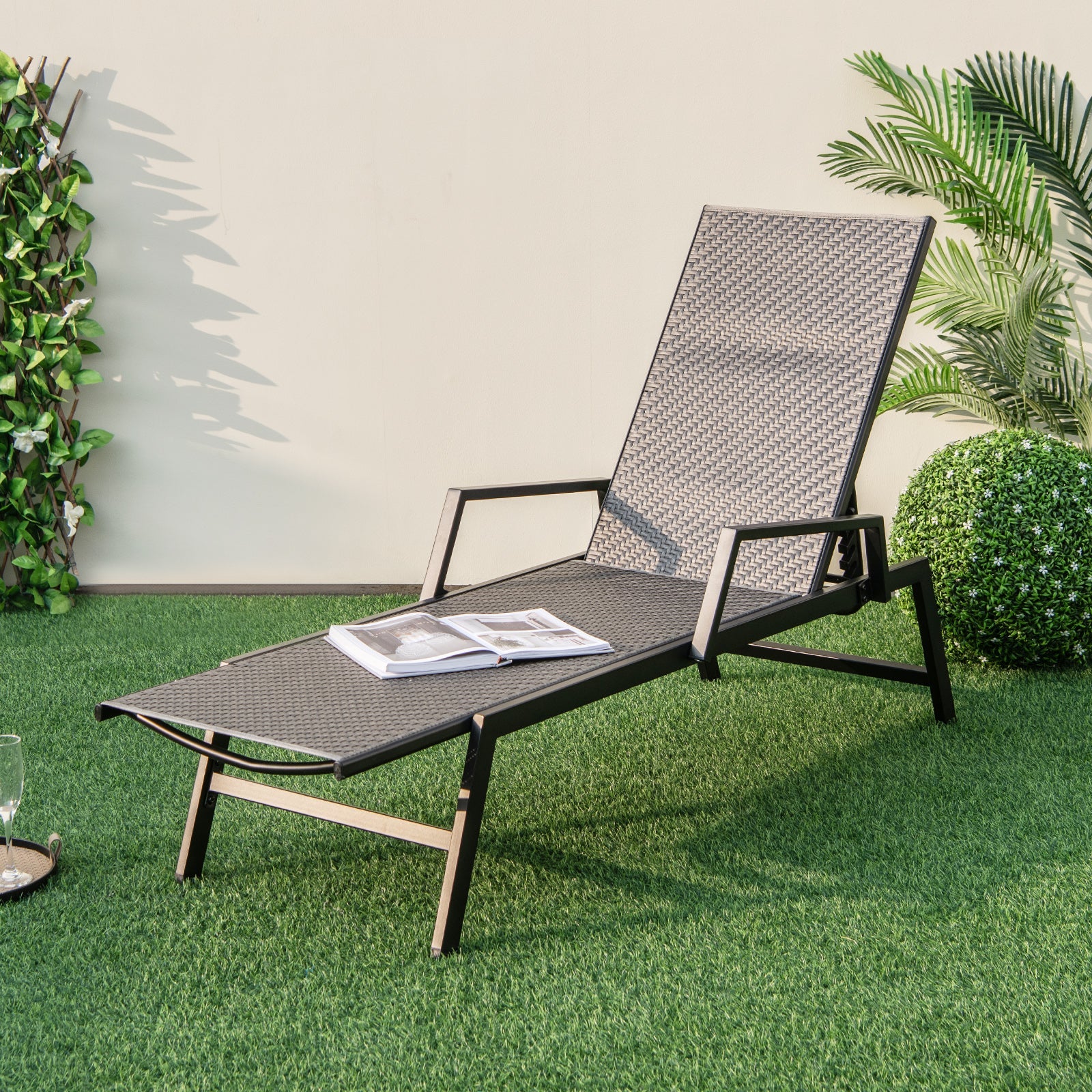 Outdoor Rattan Chaise Lounge Reclining Chair with Armrests and 5-Position Backrest-Brown by DirectDeals