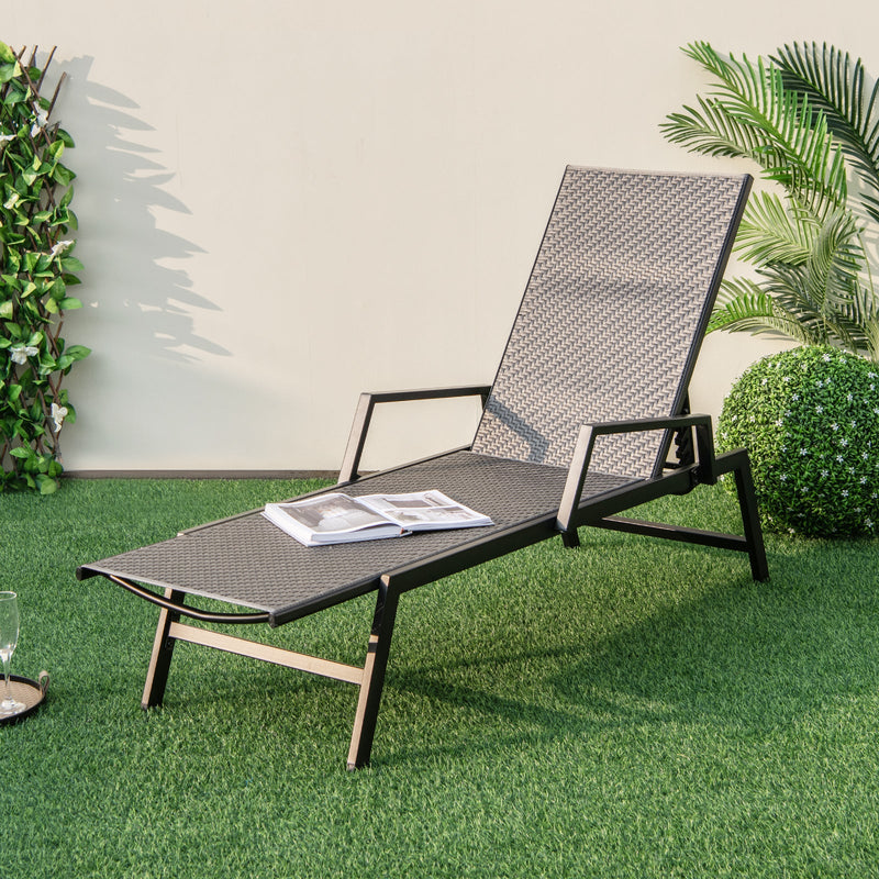Outdoor Rattan Chaise Lounge Reclining Chair with Armrests and 5-Position Backrest-Brown by DirectDeals