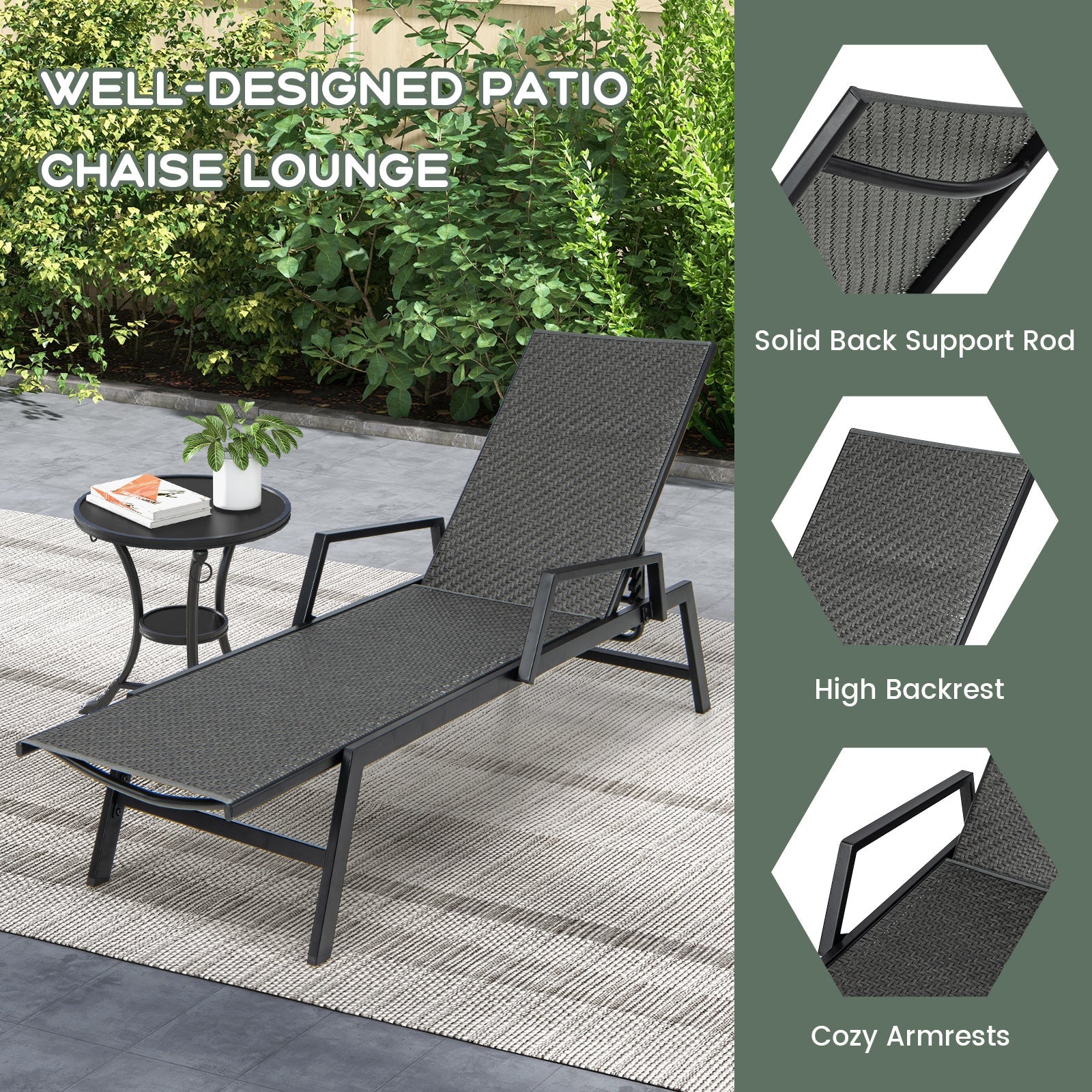 Outdoor Rattan Chaise Lounge Reclining Chair with Armrests and 5-Position Backrest-Brown by DirectDeals