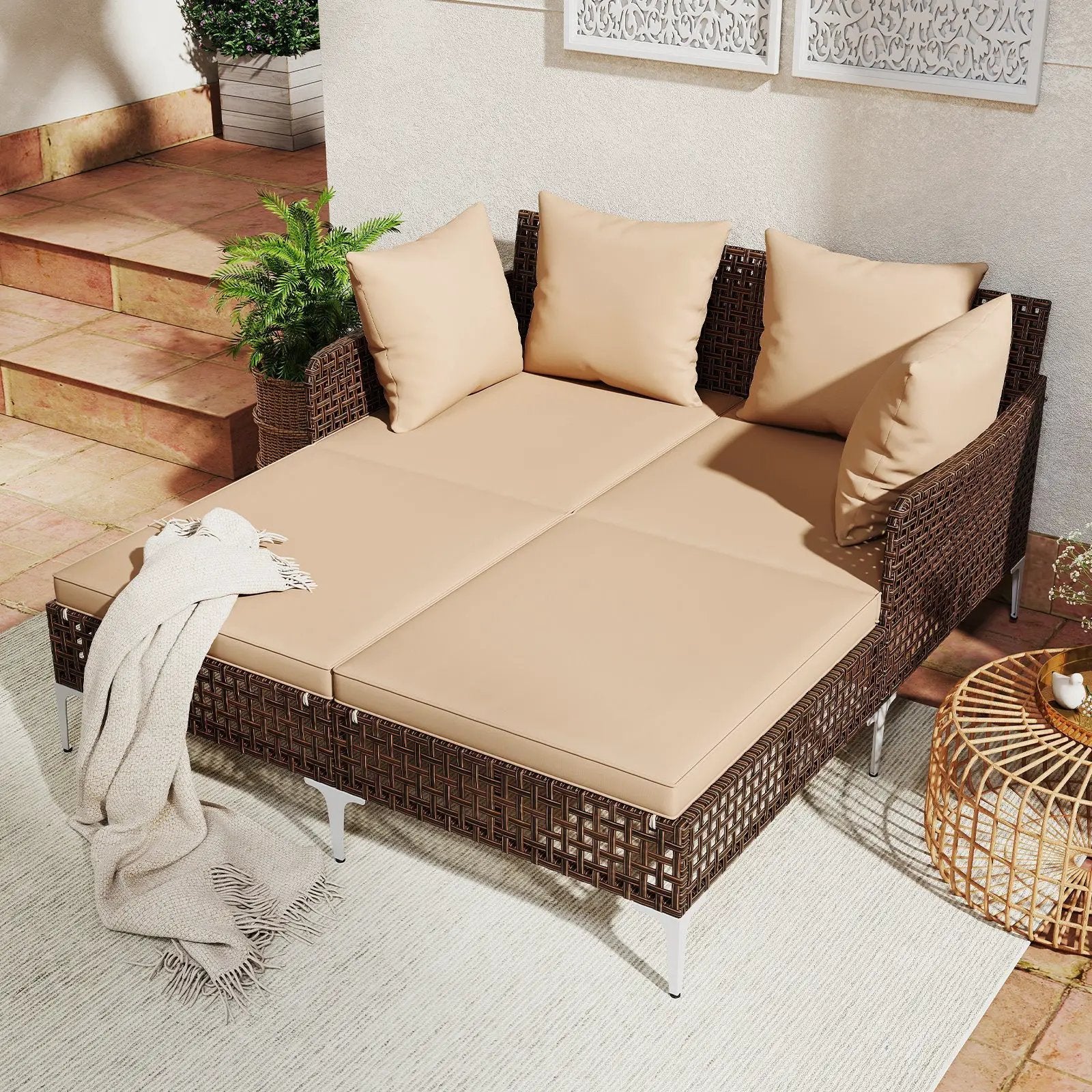 Outdoor Rattan Double Daybed Wicker Chaise Lounge by DirectDeals