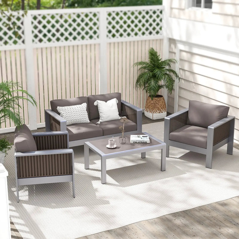 Outdoor Rectangle Coffee Table with Tempered Glass Tabletop for Backyard Poolside-Gray by DirectDeals