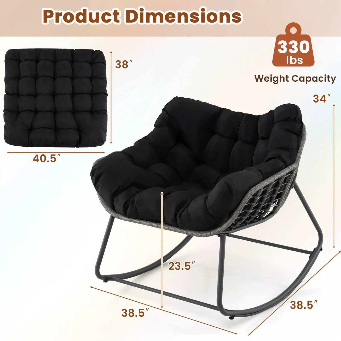 Outdoor Rocking Chair Oversized Patio PE Wicker Egg Chair with Cushion by DirectDeals