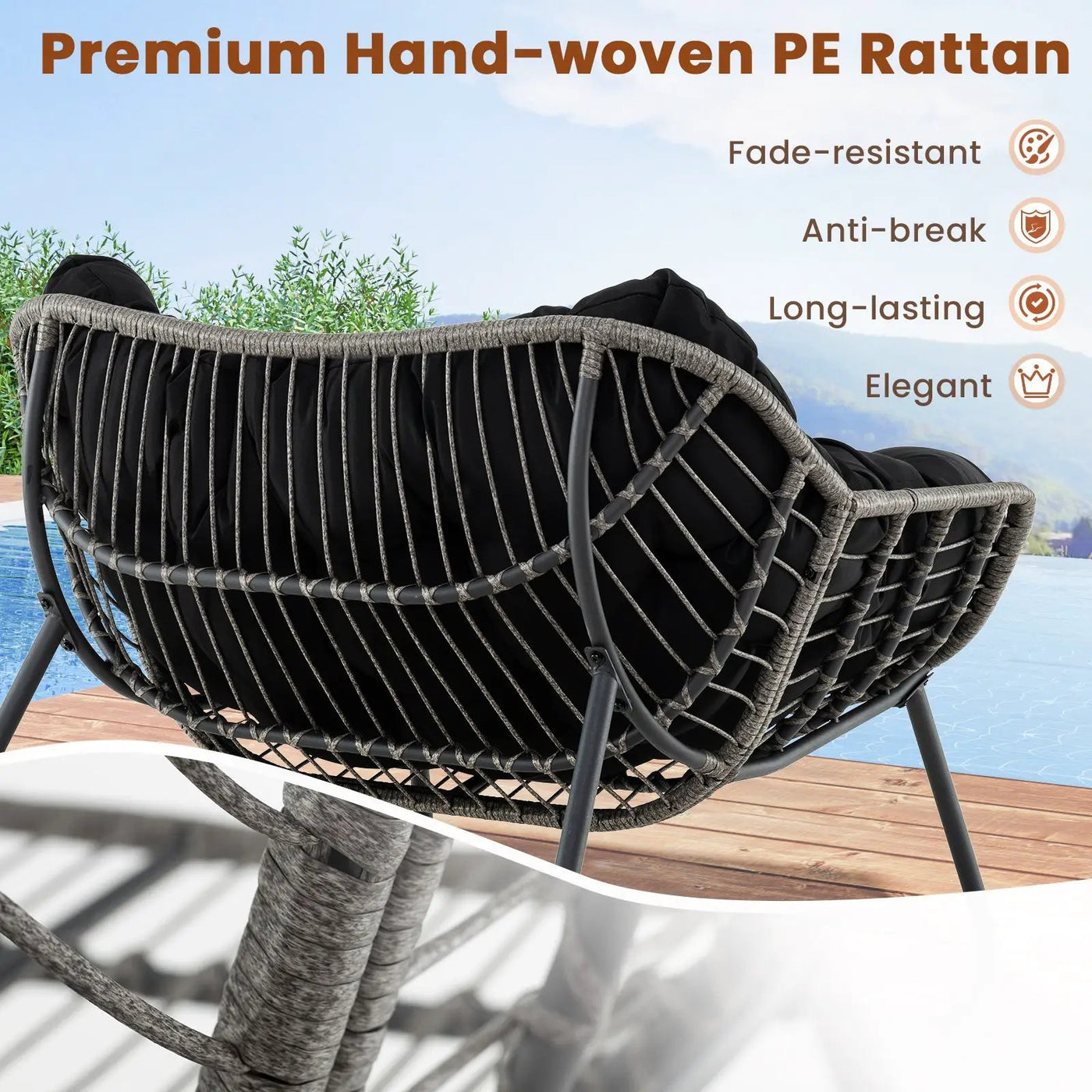 Outdoor Rocking Chair Oversized Patio PE Wicker Egg Chair with Cushion by DirectDeals