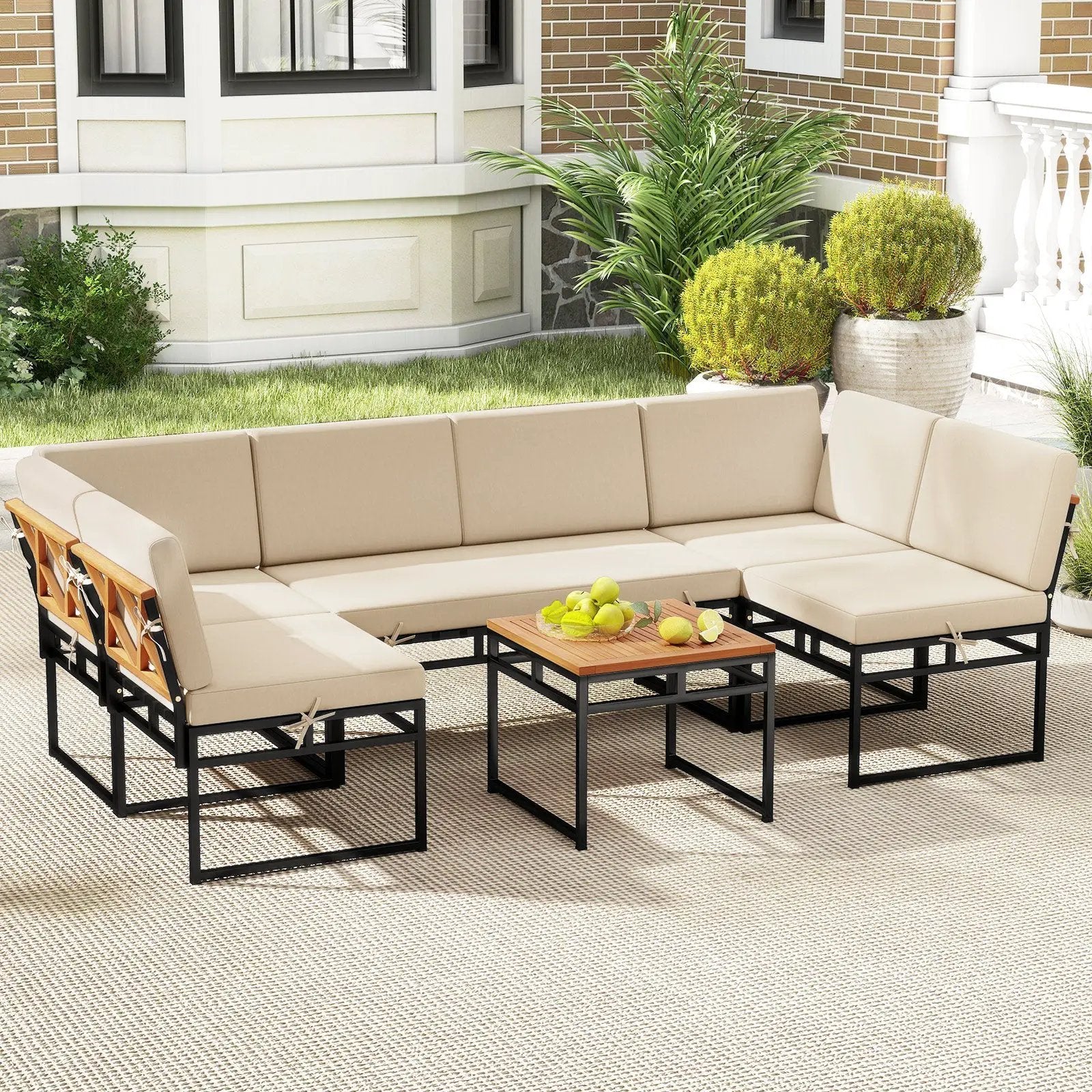 6 Piece Outdoor Sectional Sofa Set Metal Conversation Set with Cushions-Beige by DirectDeals