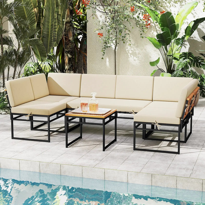 6 Piece Outdoor Sectional Sofa Set Metal Conversation Set with Cushions-Beige by DirectDeals