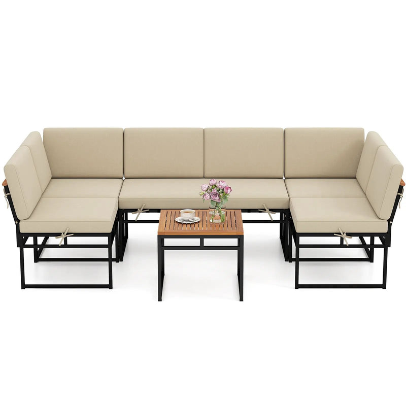 6 Piece Outdoor Sectional Sofa Set Metal Conversation Set with Cushions-Beige by DirectDeals
