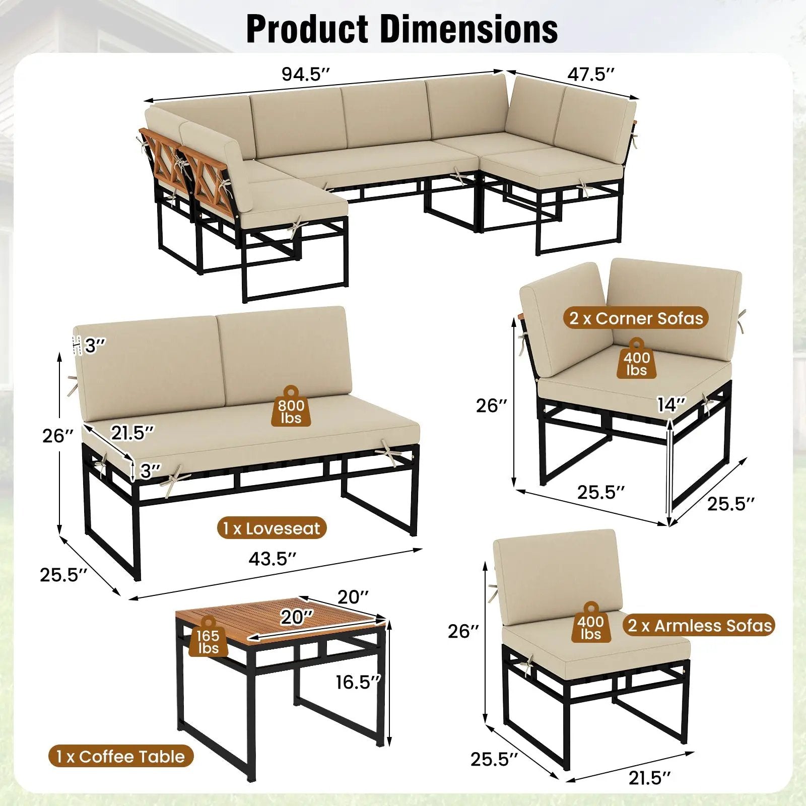 6 Piece Outdoor Sectional Sofa Set Metal Conversation Set with Cushions-Beige by DirectDeals