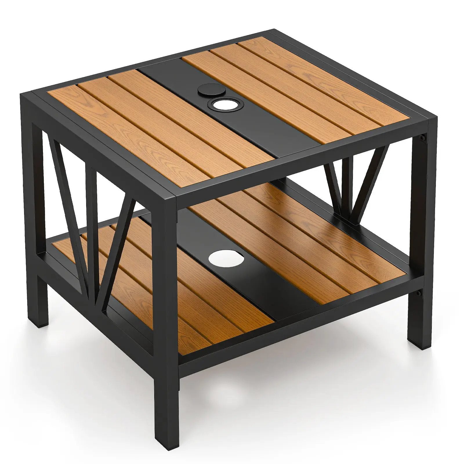 Outdoor Side Table with Umbrella Hole and Storage Shelf for Porch by DirectDeals