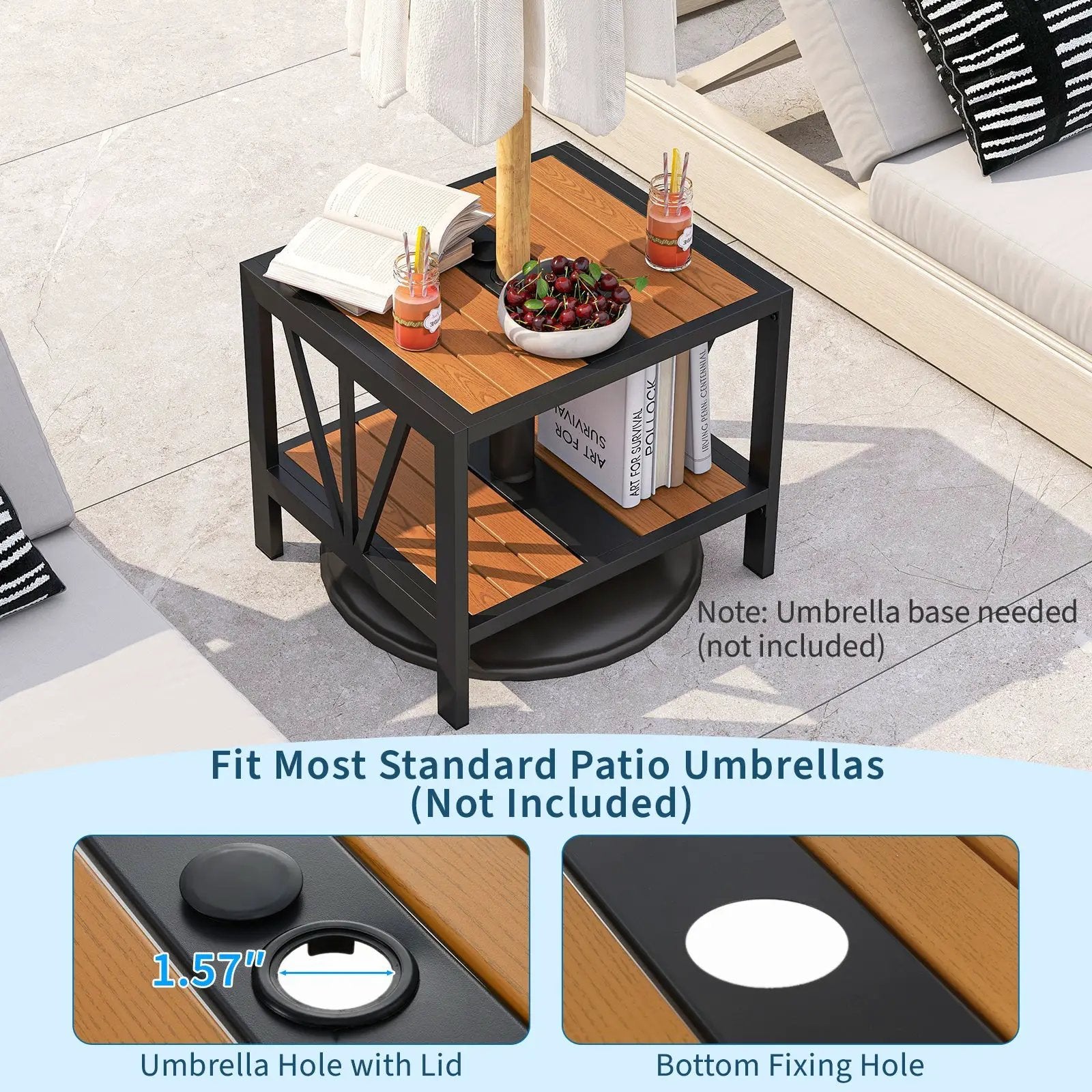 Outdoor Side Table with Umbrella Hole and Storage Shelf for Porch by DirectDeals