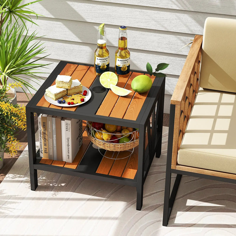 Outdoor Side Table with Umbrella Hole and Storage Shelf for Porch by DirectDeals