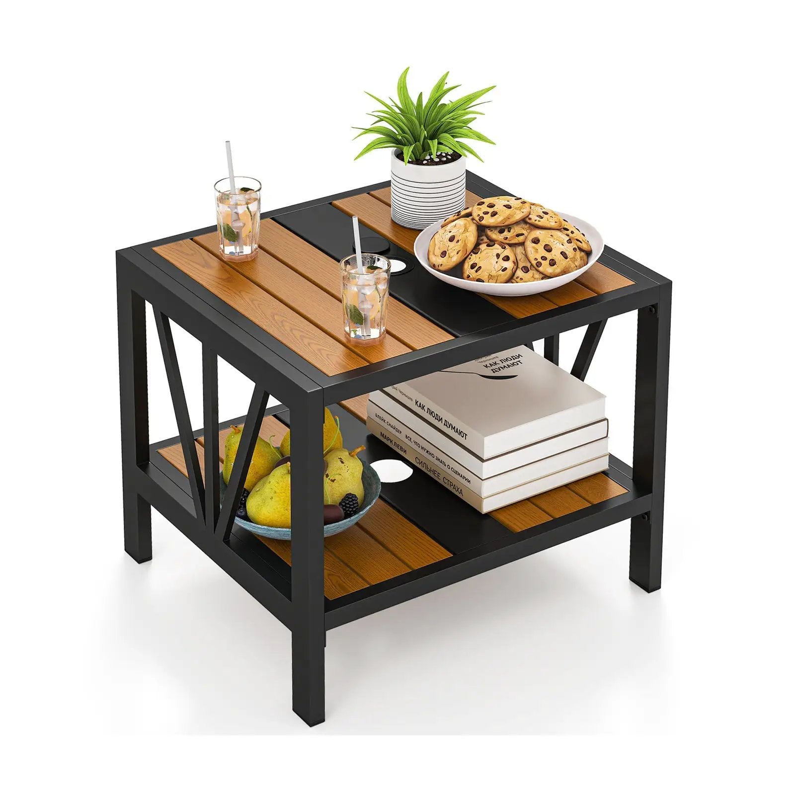 Outdoor Side Table with Umbrella Hole and Storage Shelf for Porch by DirectDeals