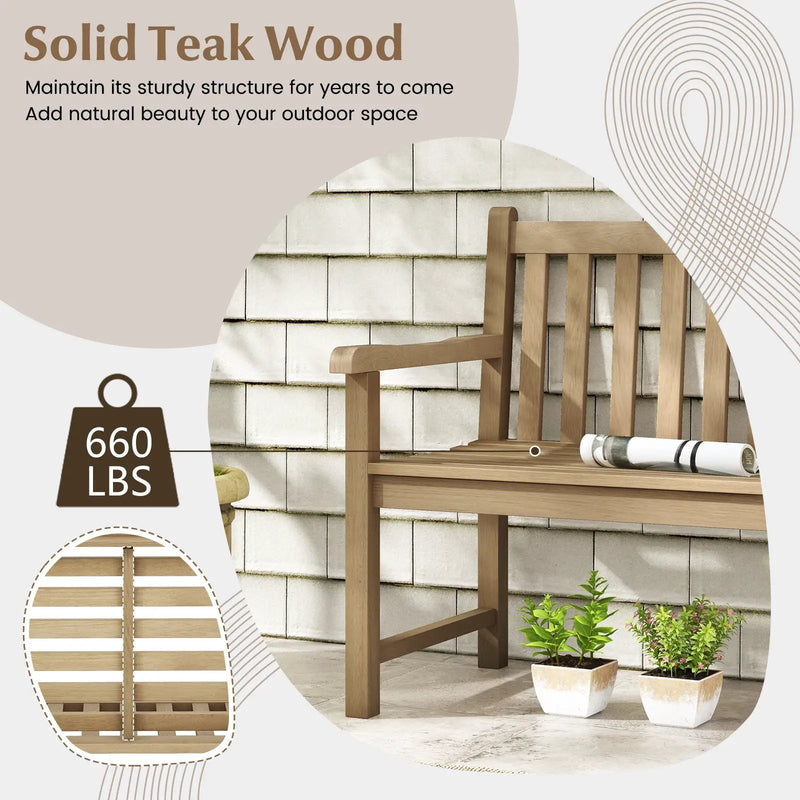 62 Inch Outdoor Teak Wood Bench with Backrest for Yard by DirectDeals