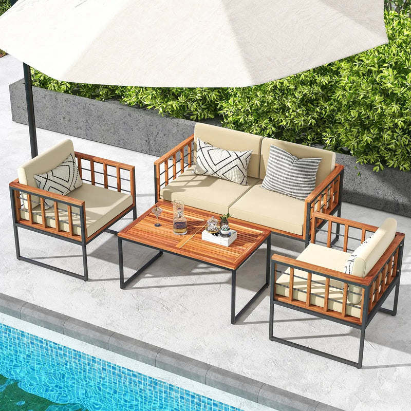 4 Pieces Acacia Wood Outdoor Sofa Set for Balcony Porch Backyard Poolside by DirectDeals