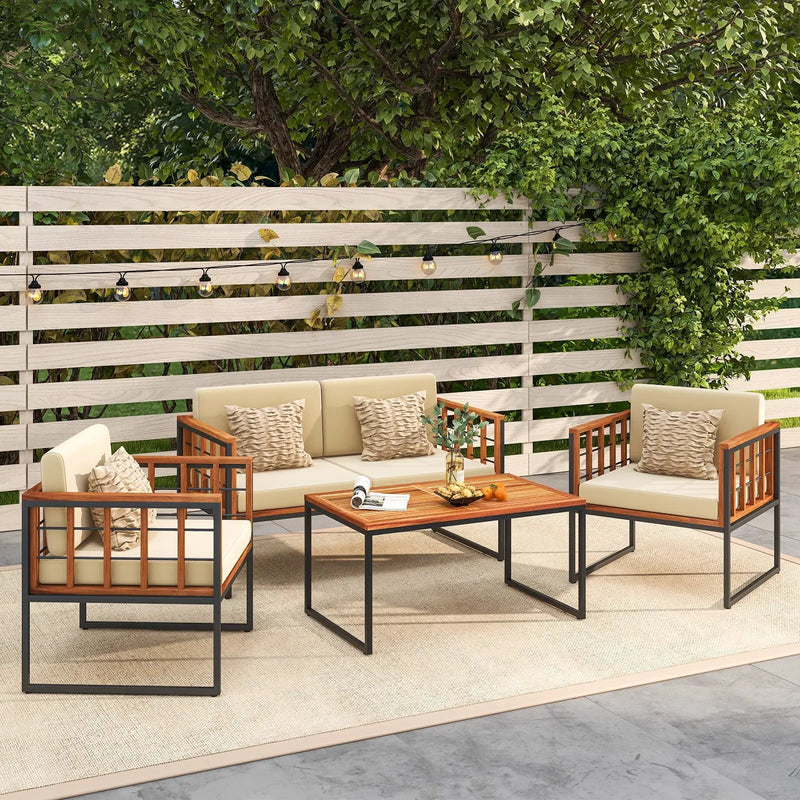 4 Pieces Acacia Wood Outdoor Sofa Set for Balcony Porch Backyard Poolside by DirectDeals