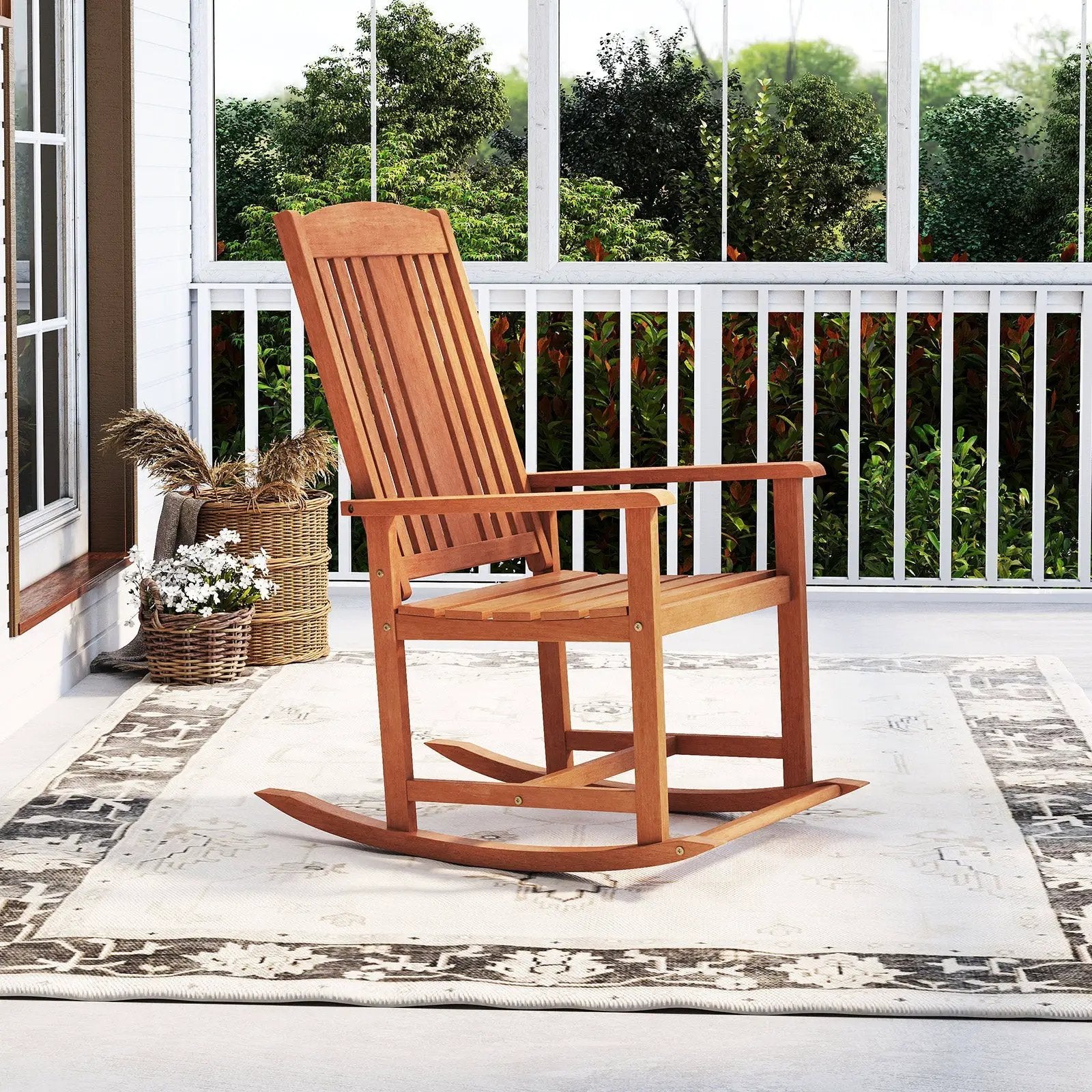 Outdoor Rocking Chair Solid Wood High Back Rocker with Slatted Seat by DirectDeals