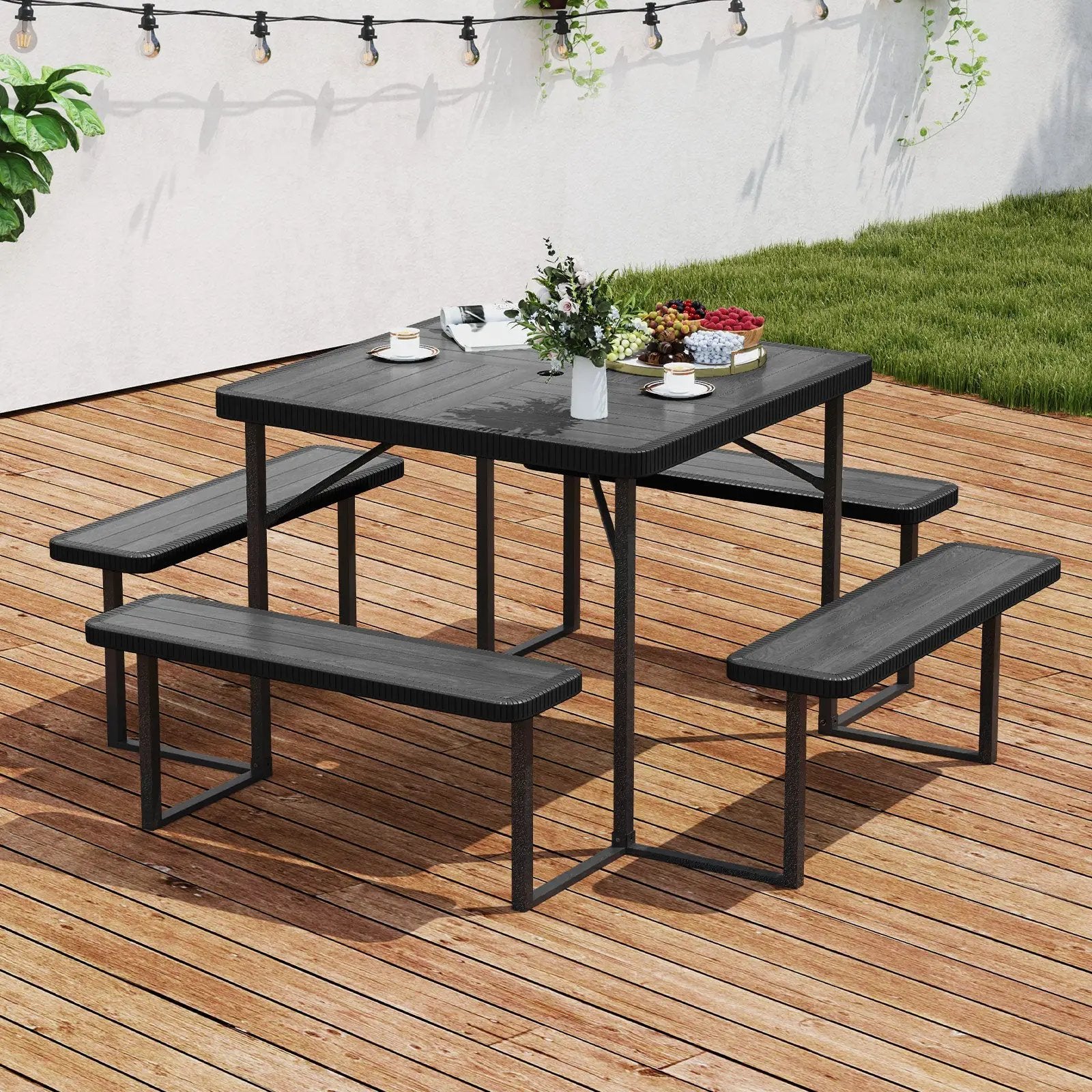 Outdoor Square Picnic Table Bench Set for 4-8 People with Umbrella Hole by DirectDeals