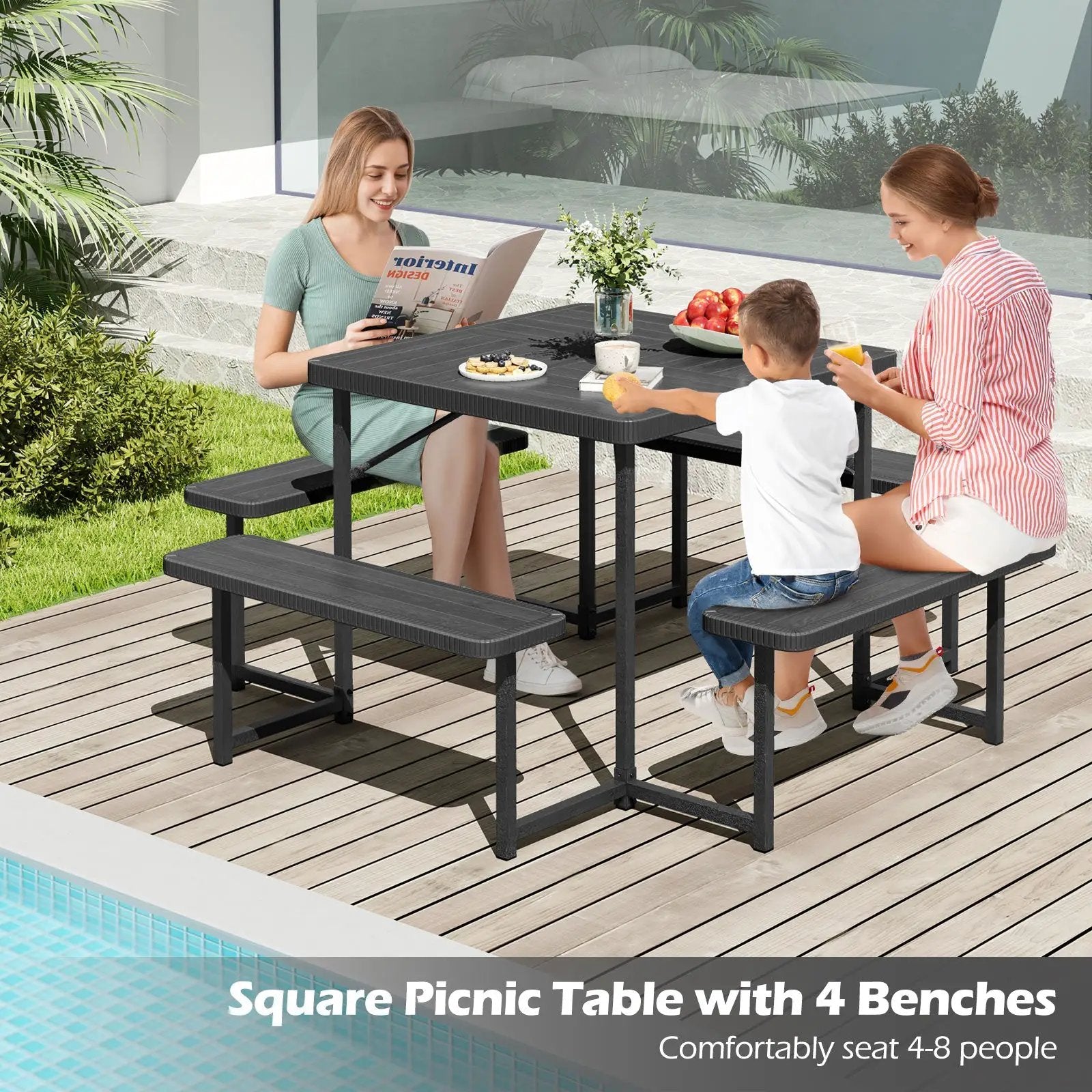 Outdoor Square Picnic Table Bench Set for 4-8 People with Umbrella Hole by DirectDeals