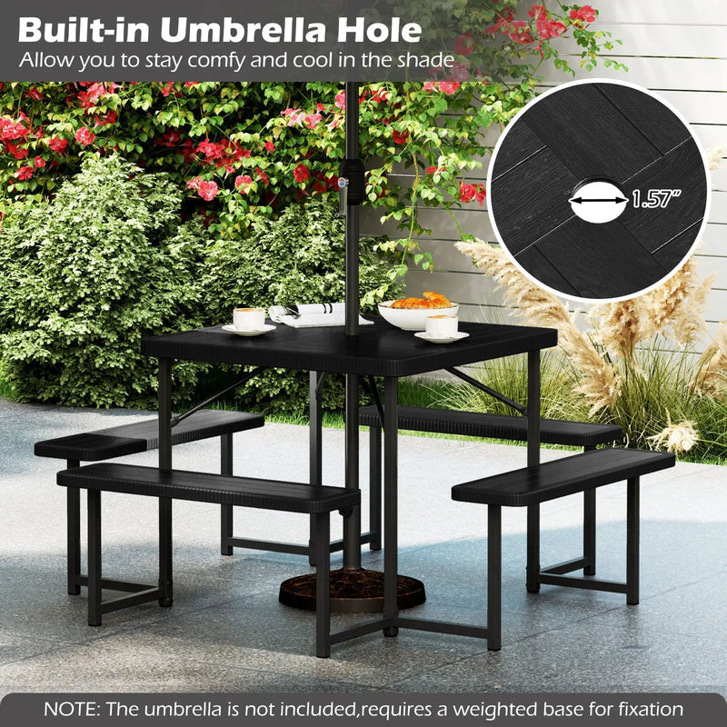 Outdoor Square Picnic Table Bench Set for 4-8 People with Umbrella Hole by DirectDeals
