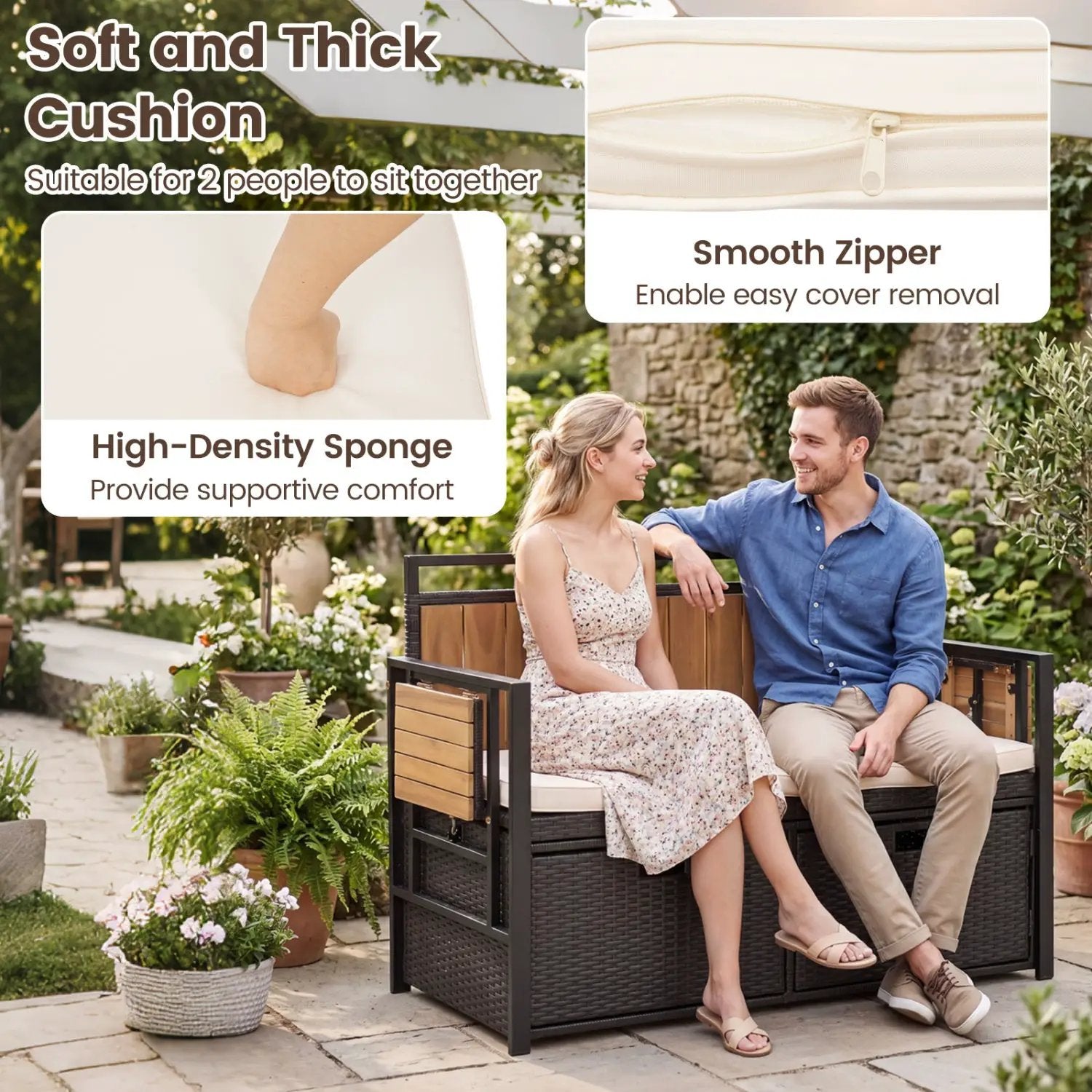 Outdoor Storage Bench with 2 Side Tables and Cushioned Seat by DirectDeals