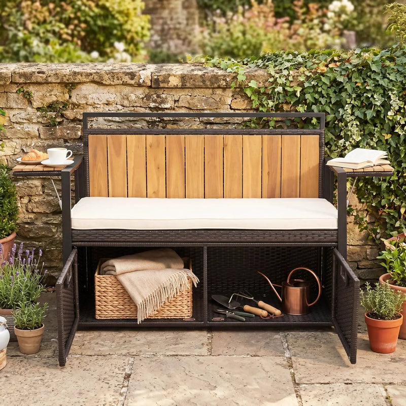 Outdoor Storage Bench with 2 Side Tables and Cushioned Seat by DirectDeals
