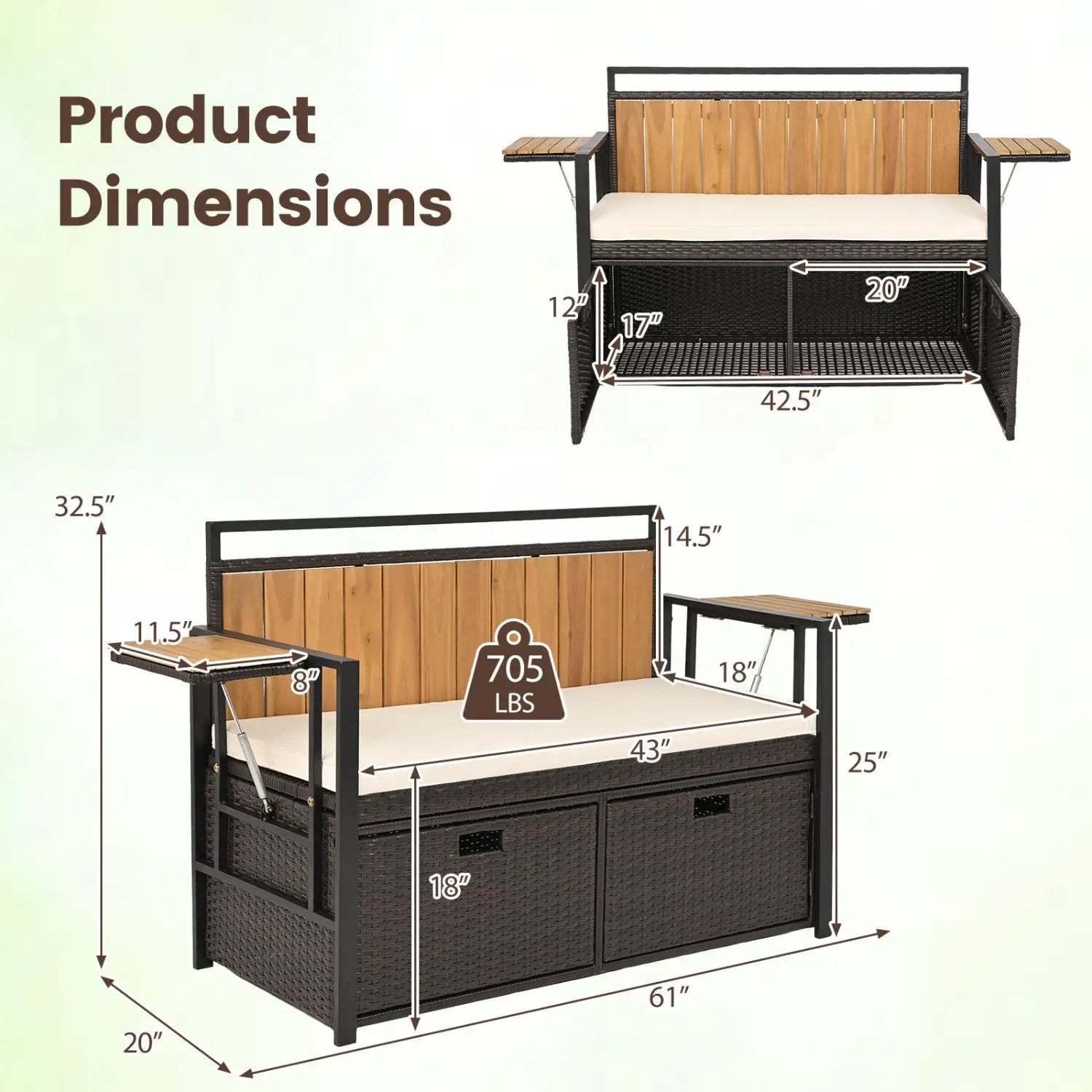 Outdoor Storage Bench with 2 Side Tables and Cushioned Seat by DirectDeals