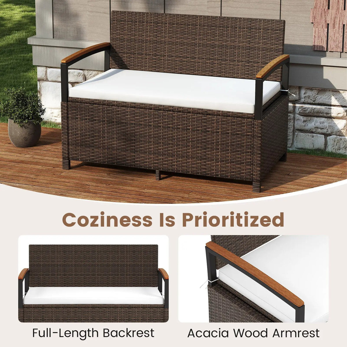 Outdoor Storage Bench Deck Box Patio Furniture with Cushion-White by DirectDeals