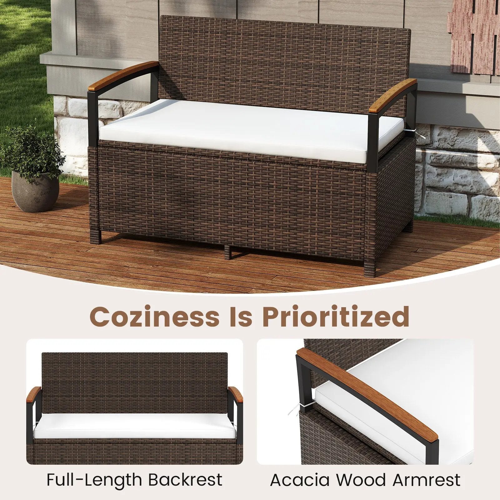 Outdoor Storage Bench Deck Box Patio Furniture with Cushion-White by DirectDeals