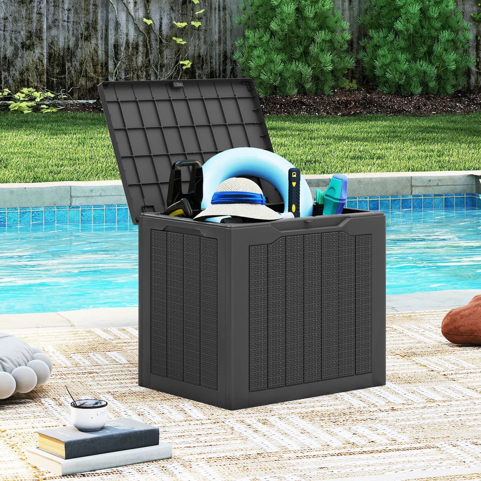 Outdoor Storage Box 25 Gallon Deck Box with Lockable Lid and Wicker-woven Texture by DirectDeals