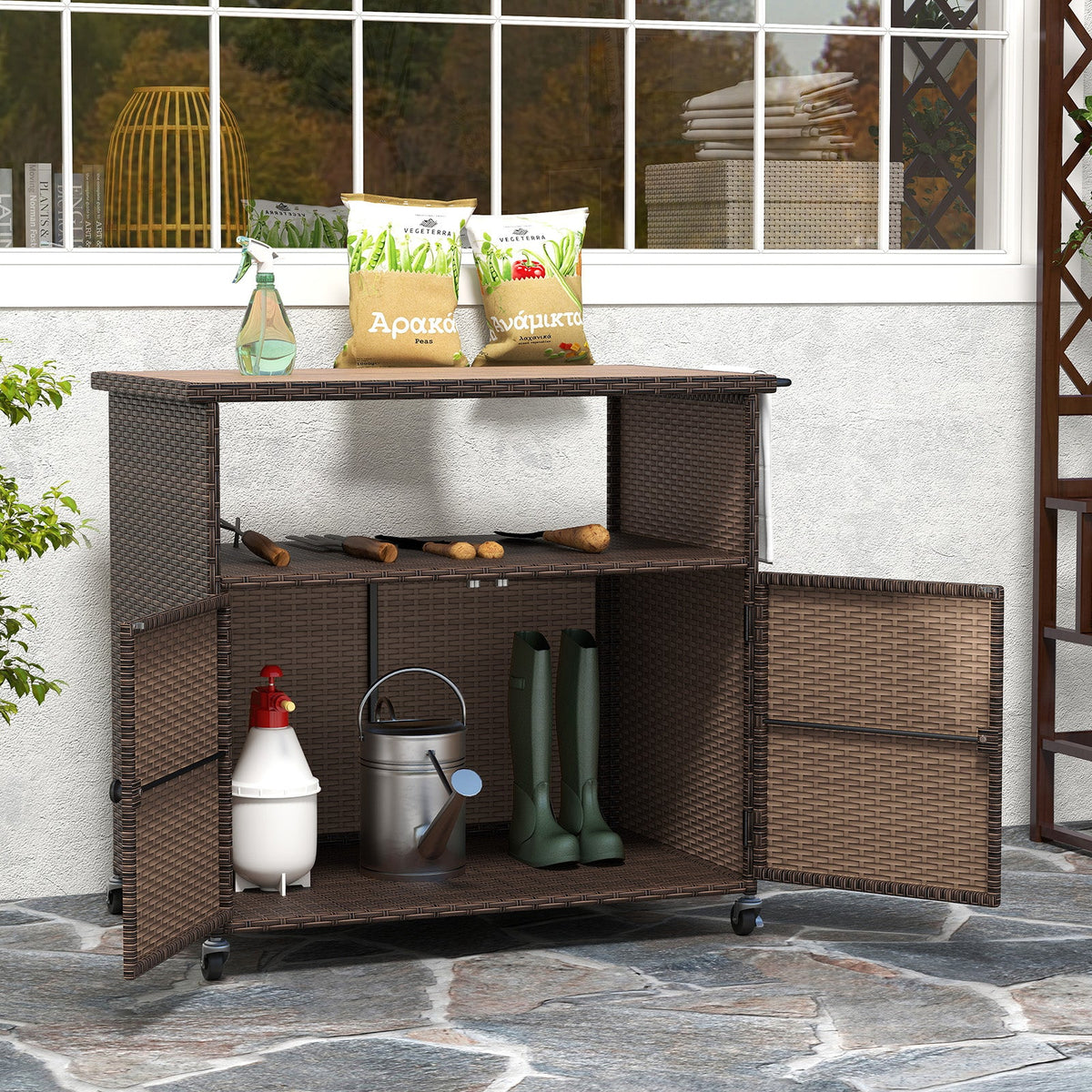 Outdoor Storage Cabinet with Acacia Wood Top and Lockable Wheels, photo 2 of 10