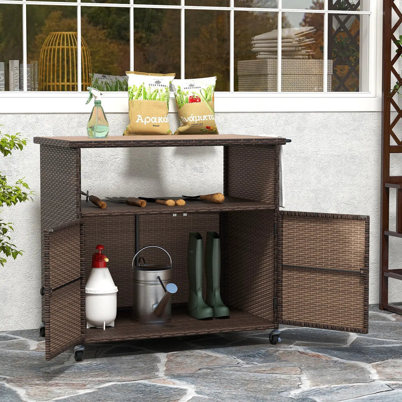 Outdoor Storage Cabinet with Acacia Wood Top and Lockable Wheels by DirectDeals