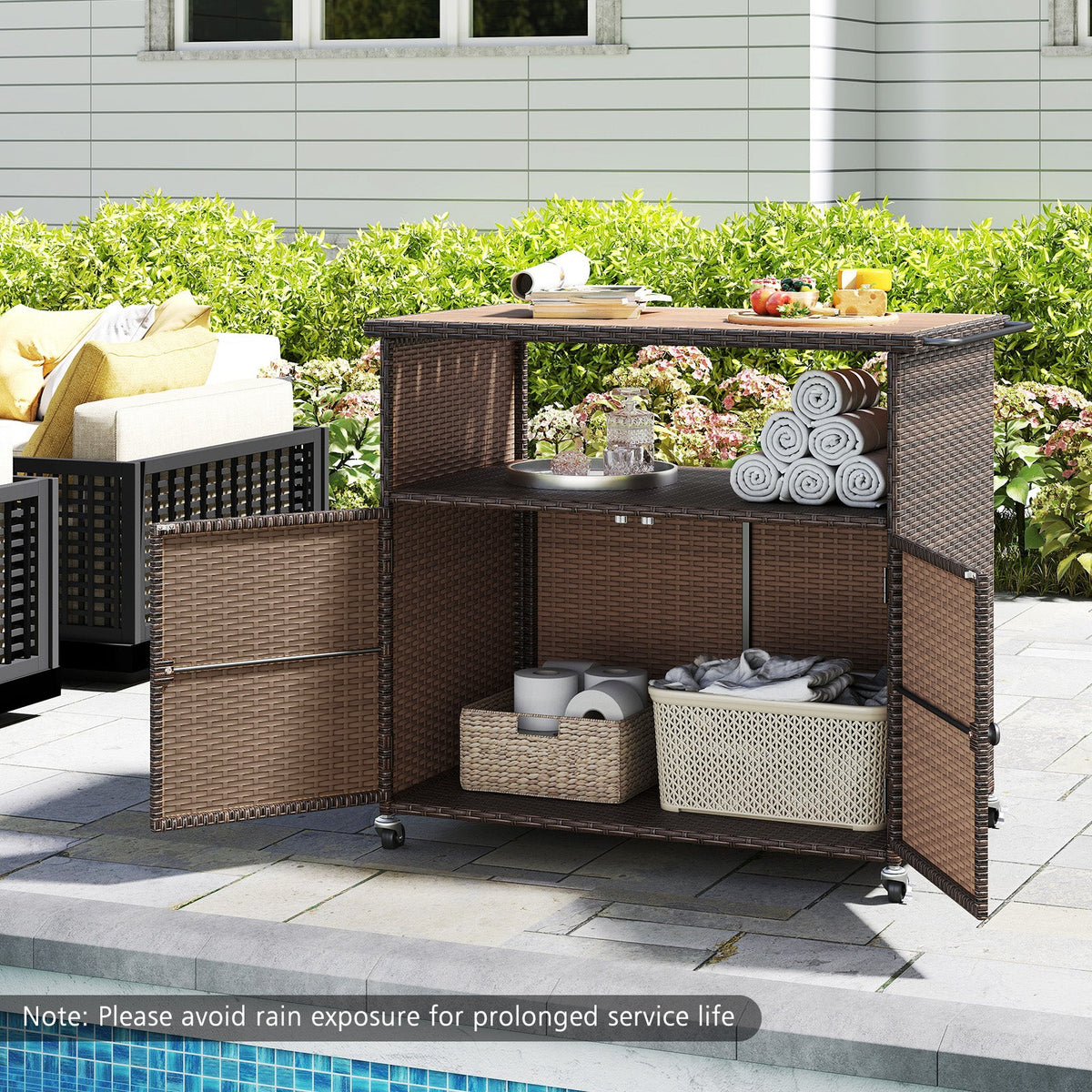 Outdoor Storage Cabinet with Acacia Wood Top and Lockable Wheels, photo 5 of 10