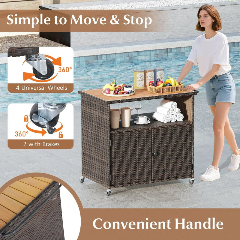 Outdoor Storage Cabinet with Acacia Wood Top and Lockable Wheels by DirectDeals