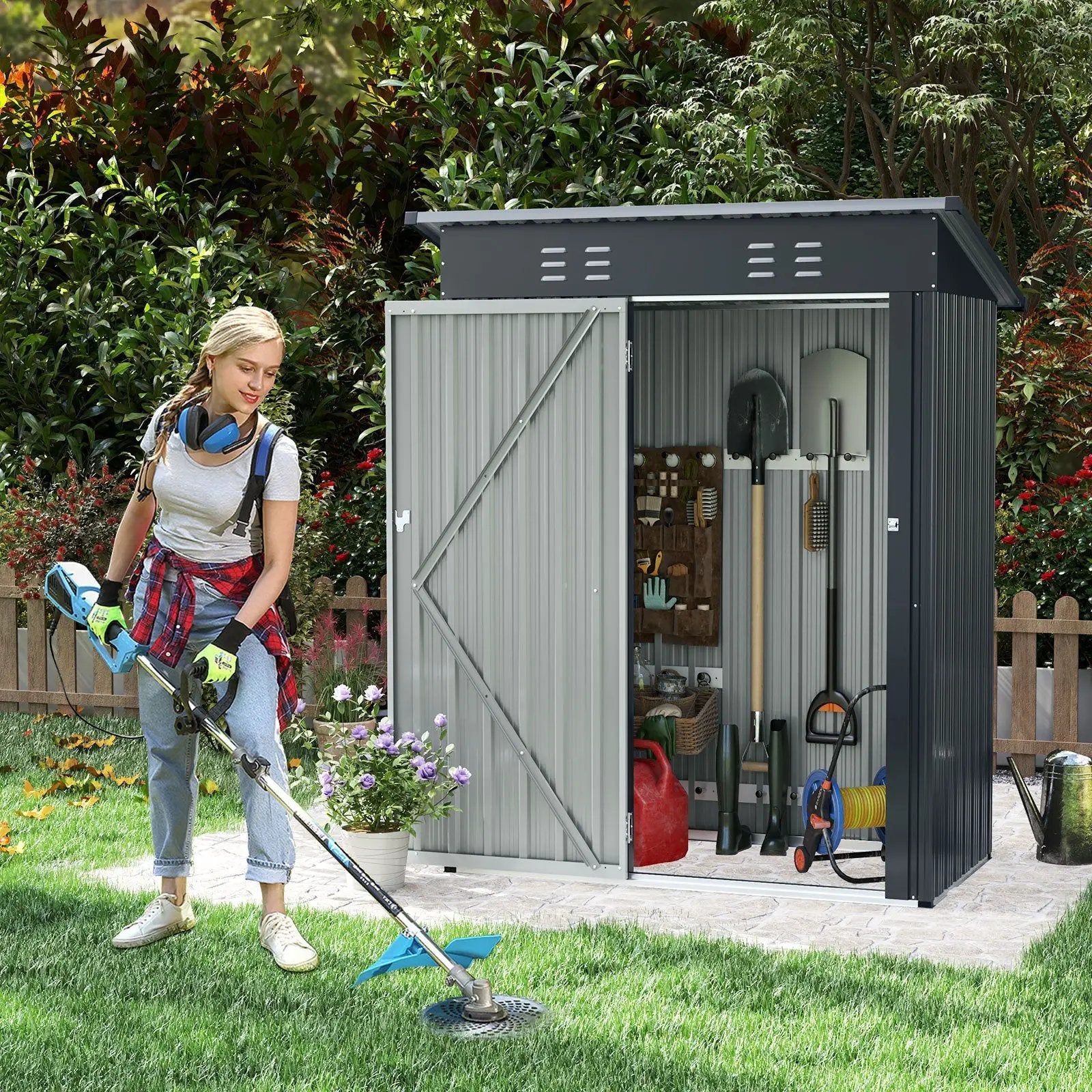5 x 3 Feet Outdoor Storage Shed with Sloped Roof and Lockable Door-Gray by DirectDeals