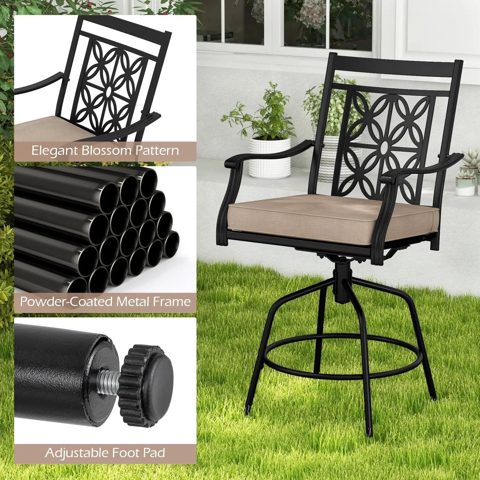 Outdoor Swivel Bar Stools Set of 2 with Seat Cushions-Brown by DirectDeals