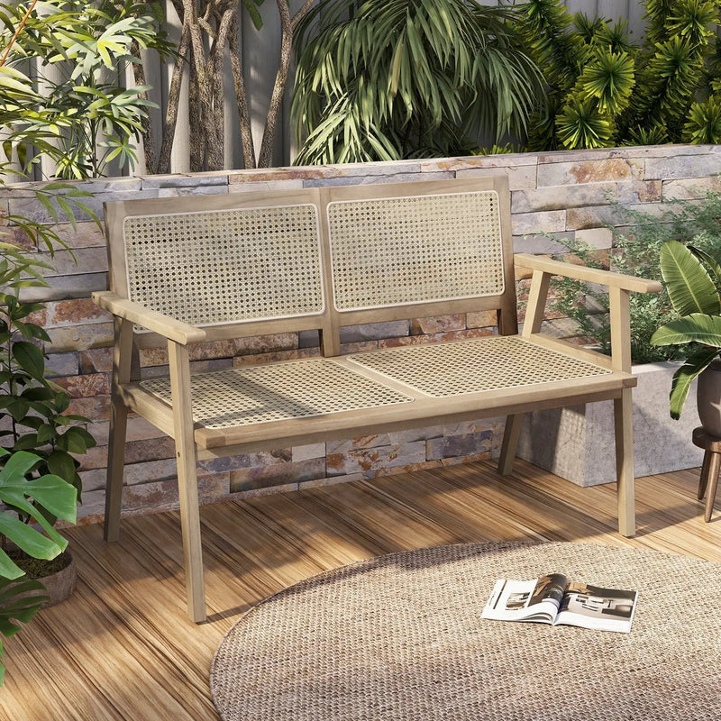 Indonesia Teak Wood Garden Bench with Armrests and Natural Rattan Backrest by DirectDeals